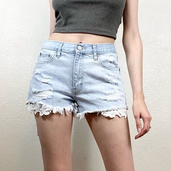 Aeropostale Light Wash Distressed Denim Lace Hem Cheeky Shorts - Picture 1 of 6